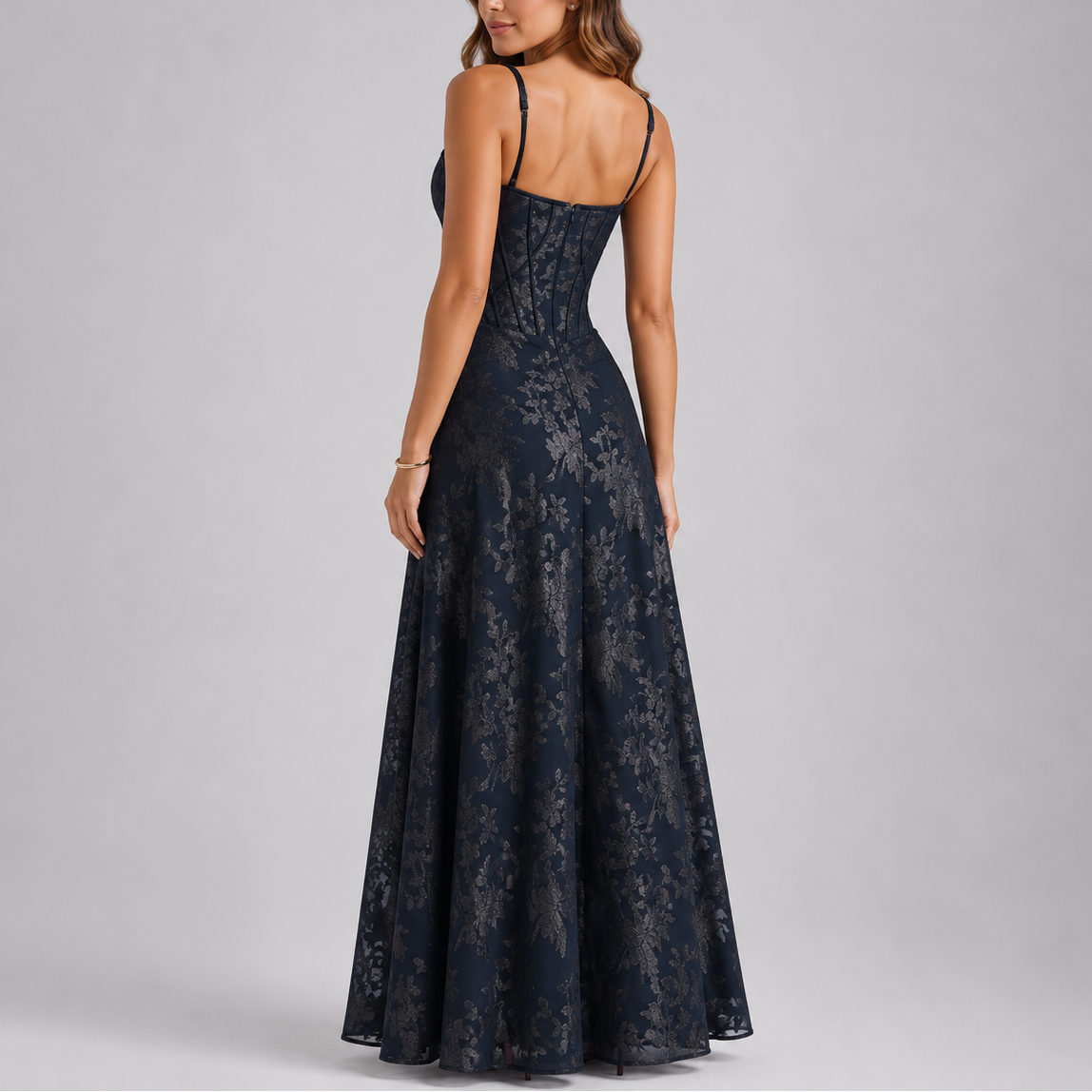 Robe longue corset femme brodée à fleurs
