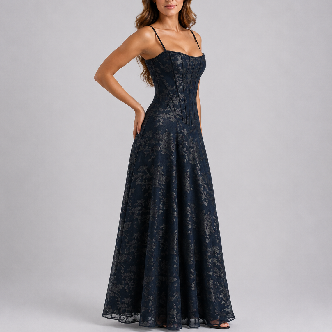 Robe longue corset femme brodée à fleurs