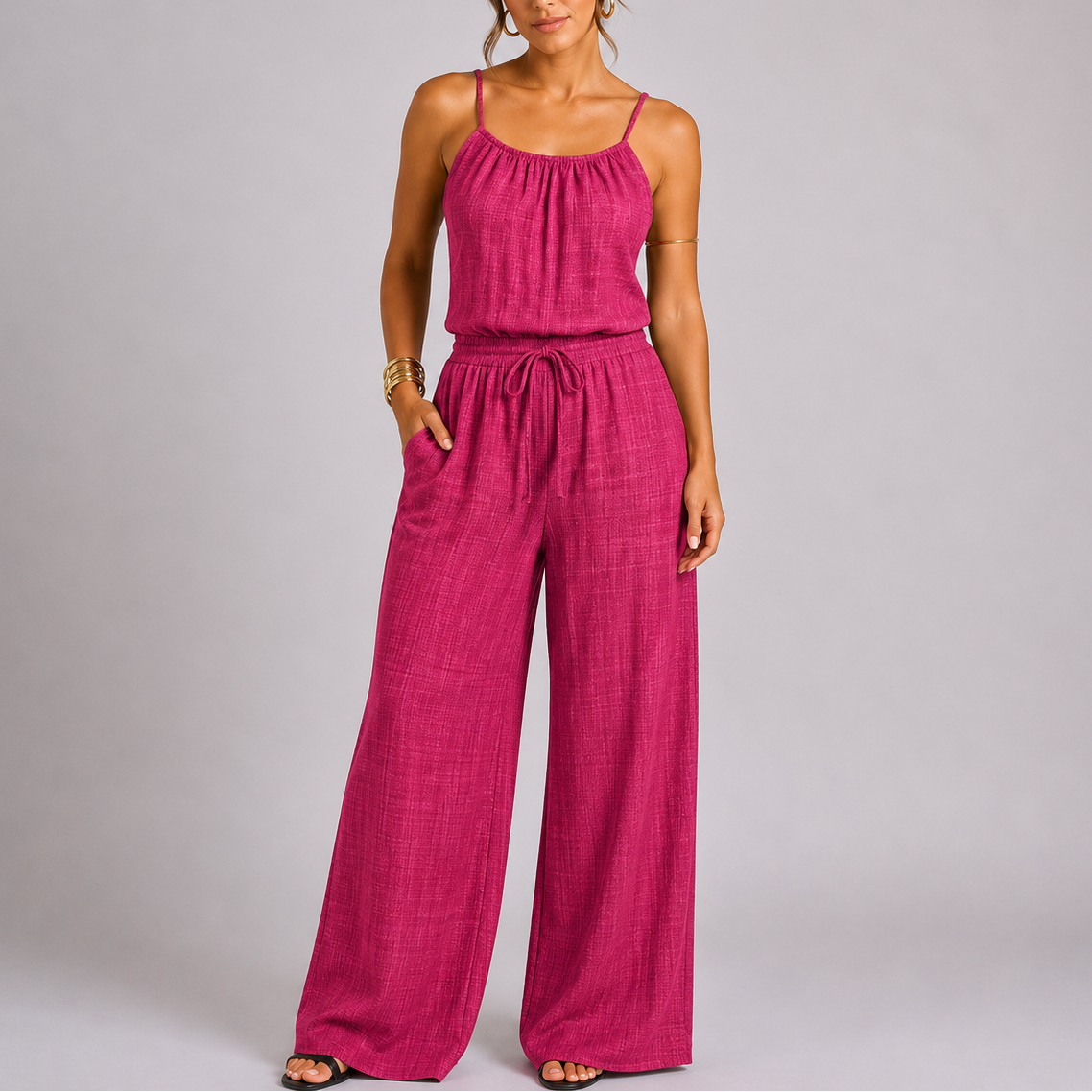Combinaison pantalon femme à bretelles fines, jambes larges, taille coulissante