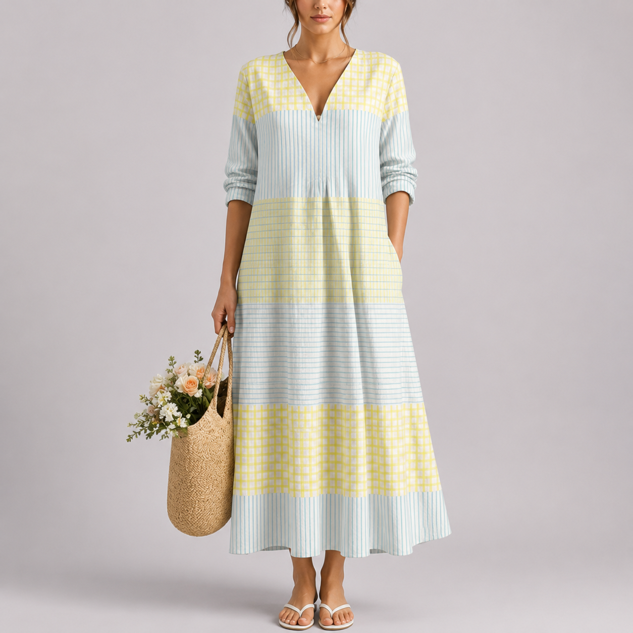 Robe longue d’été femme color block, col V
