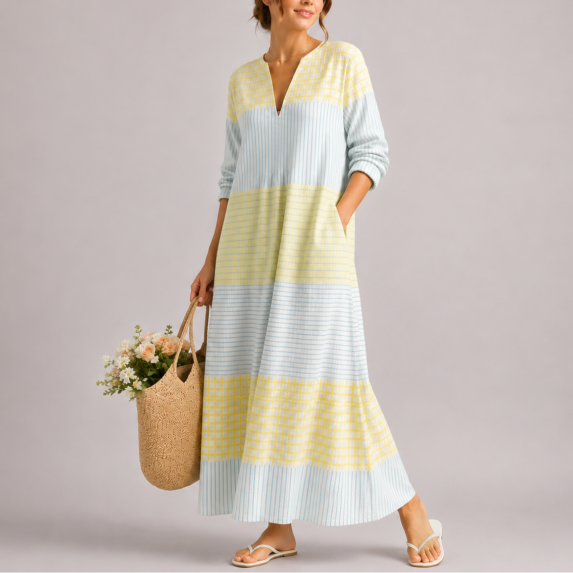 Robe longue d’été femme color block, col V