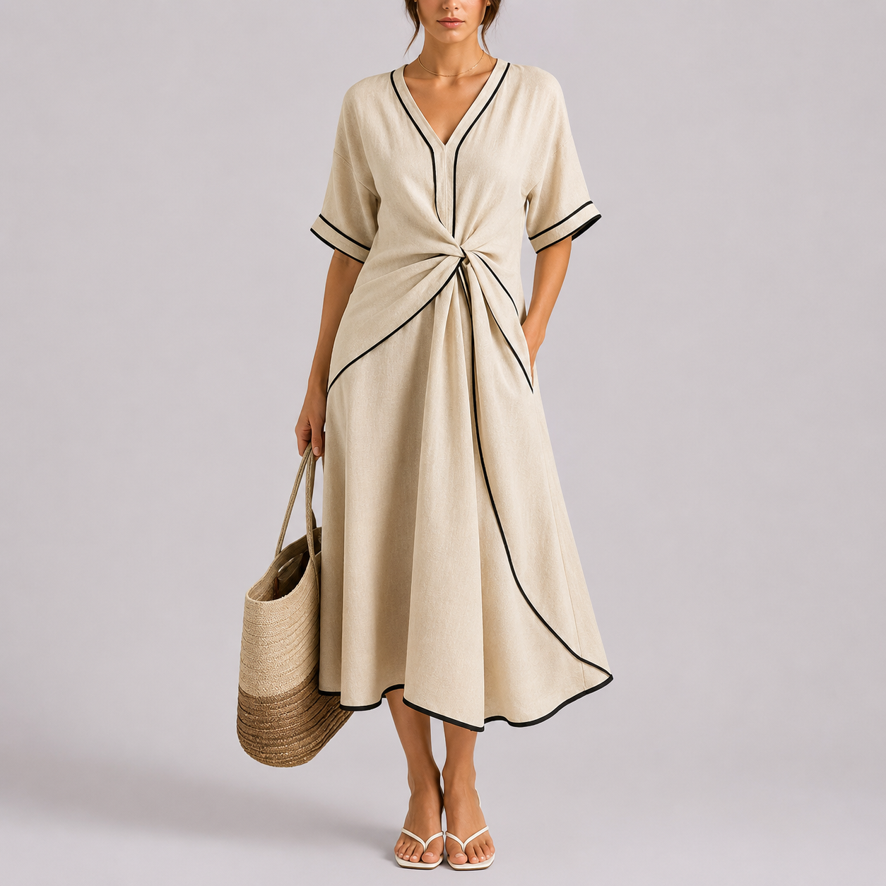 Robe longue d’été femme avec détail torsadé et bordure contrastée