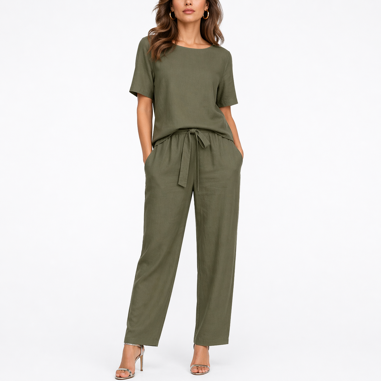 Ensemble deux pièces femme, haut manches courtes et pantalon