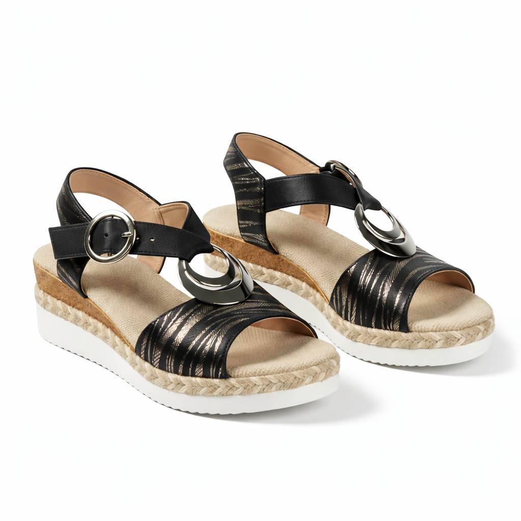 Sandales compensées métalliques femme avec bride cheville