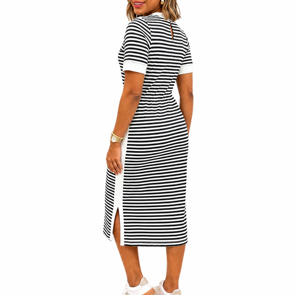 Robe t-shirt midi femme rayée noire et blanche
