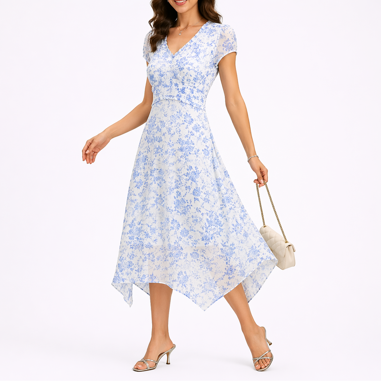 Robe midi bleue femme à fleurs, col V