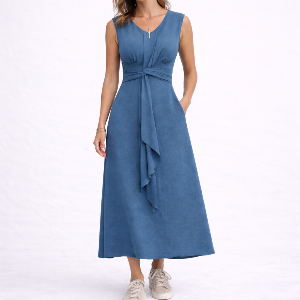 Robe midi femme sans manches avec lien à la taille