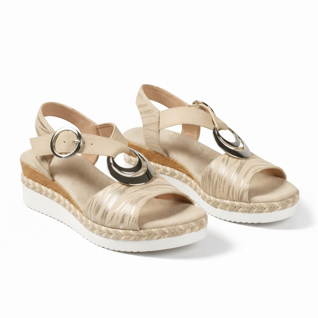 Sandales compensées métalliques femme avec bride cheville