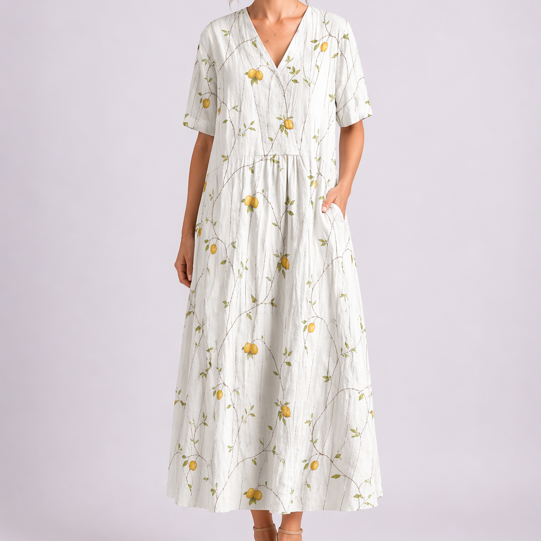 Robe midi femme à fleurs, col V, manches courtes