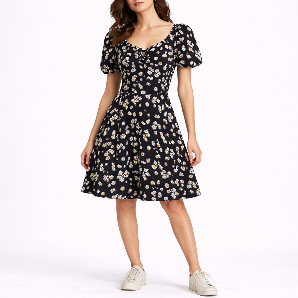 Robe midi femme à fleurs, manches courtes
