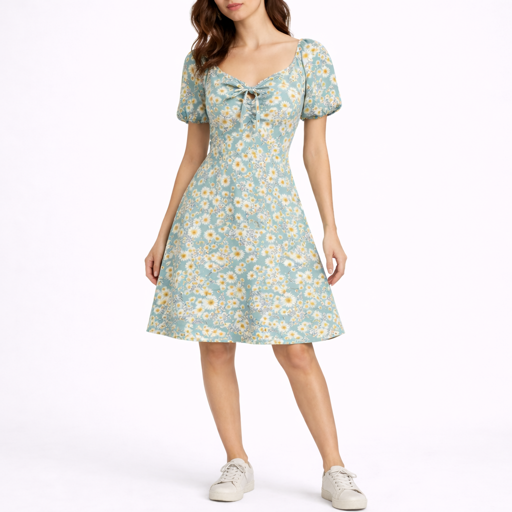 Robe midi femme à fleurs, manches courtes