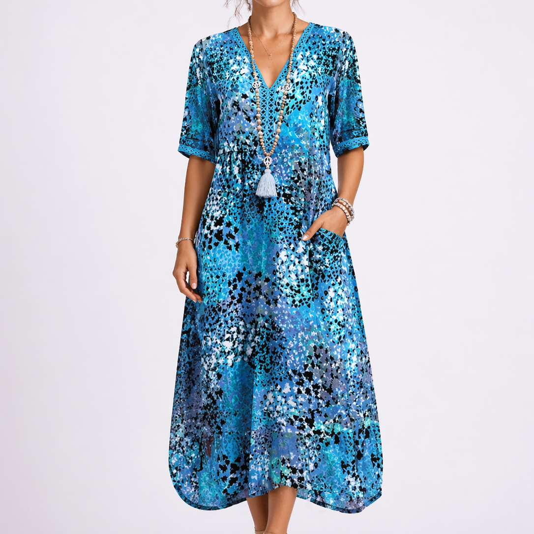 Robe midi d’été femme à fleurs, col V