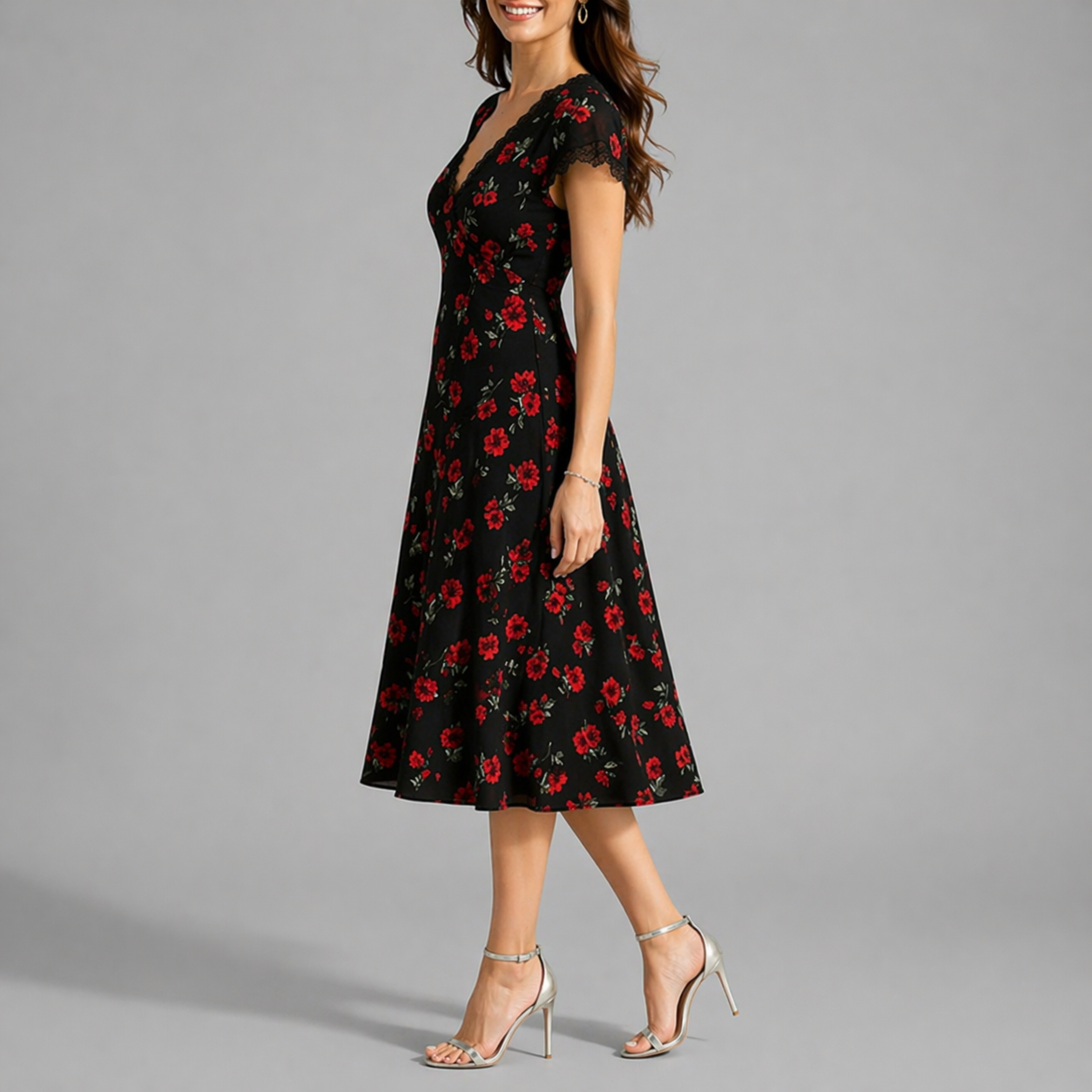 Robe midi noire femme à fleurs, col V