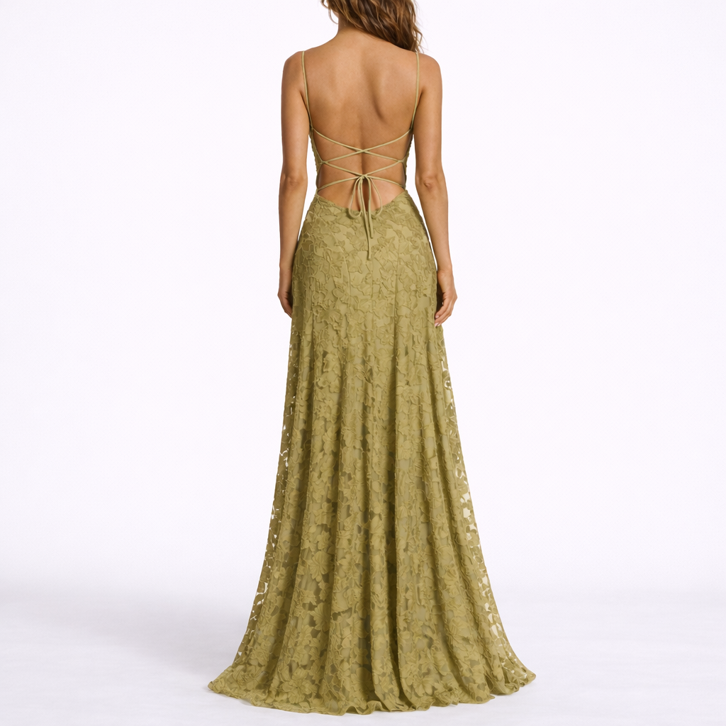 Robe longue femme dos ouvert, texture florale