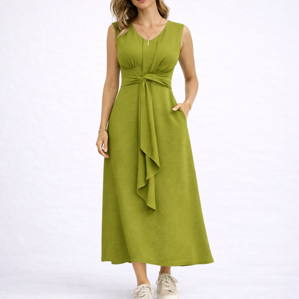 Robe midi femme sans manches avec lien à la taille