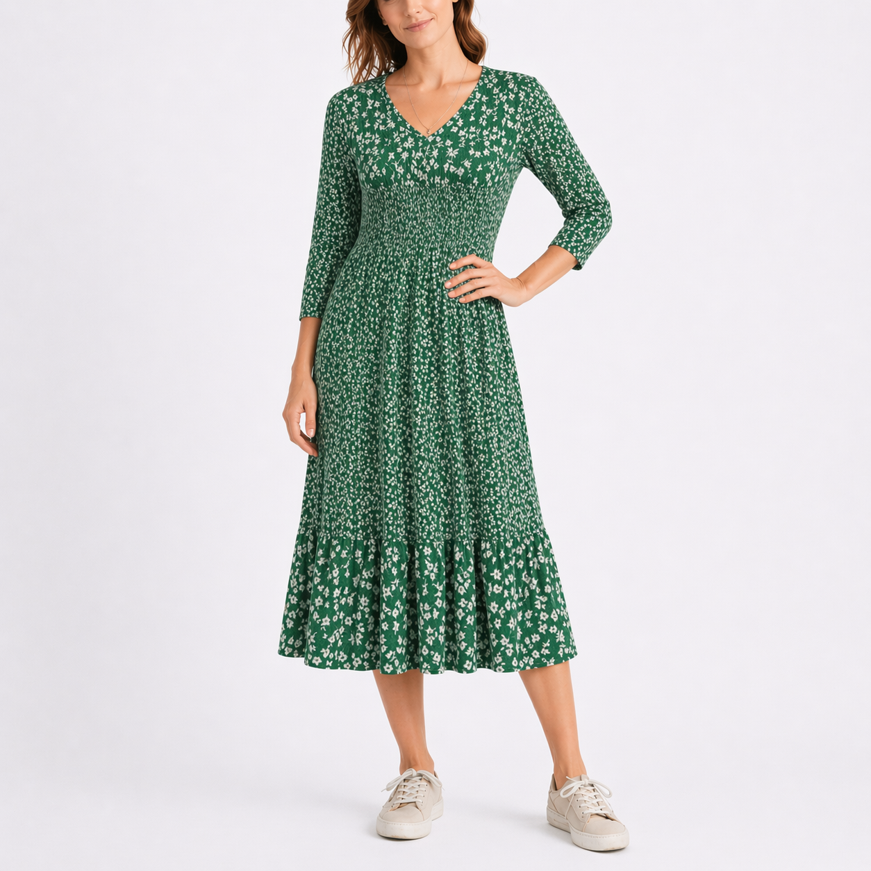 Robe midi femme à fleurs, col V, taille smockée