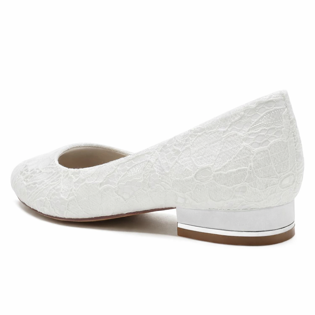 Ballerines de mariée blanches femme en dentelle, bout rond, petit talon