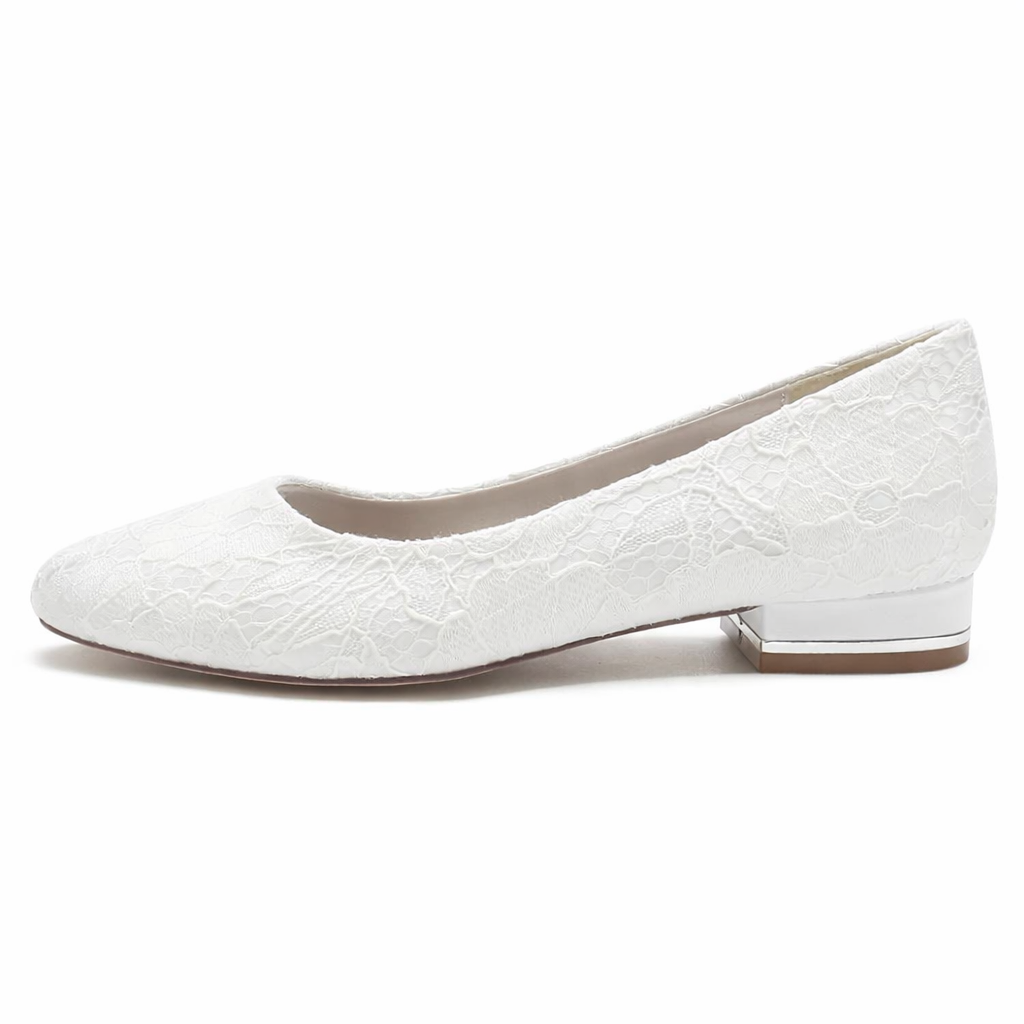 Ballerines de mariée blanches femme en dentelle, bout rond, petit talon