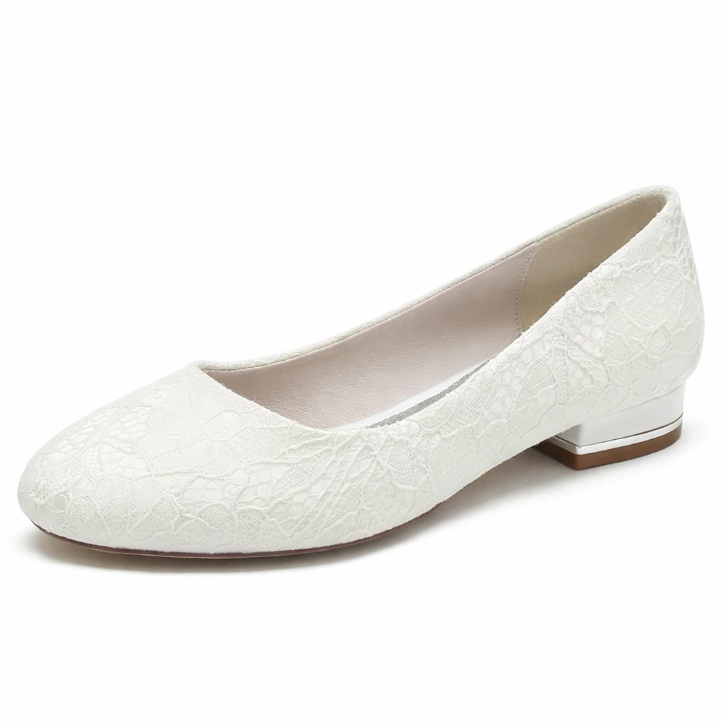 Ballerines de mariée blanches femme en dentelle, bout rond, petit talon