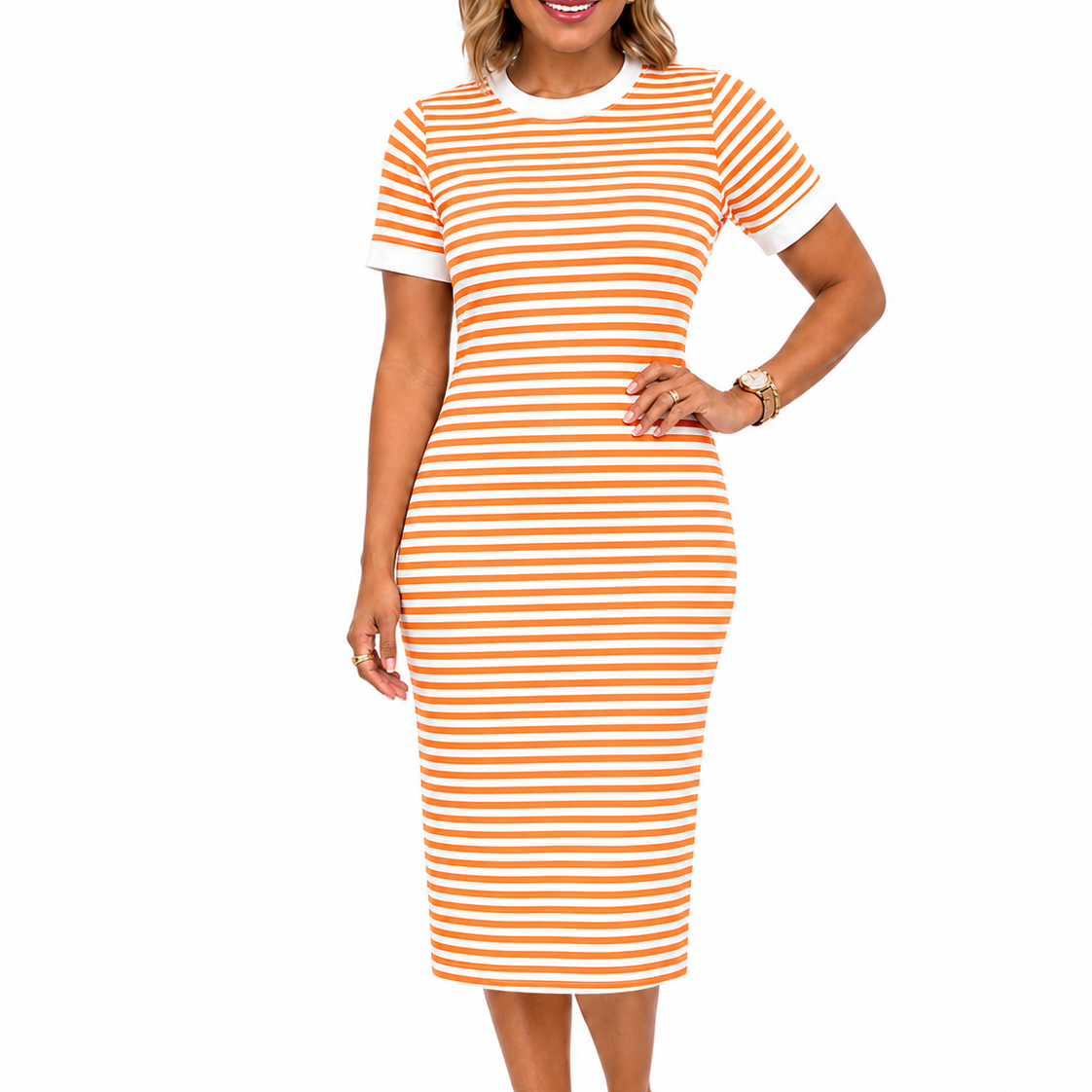 Robe t-shirt midi femme rayée noire et blanche