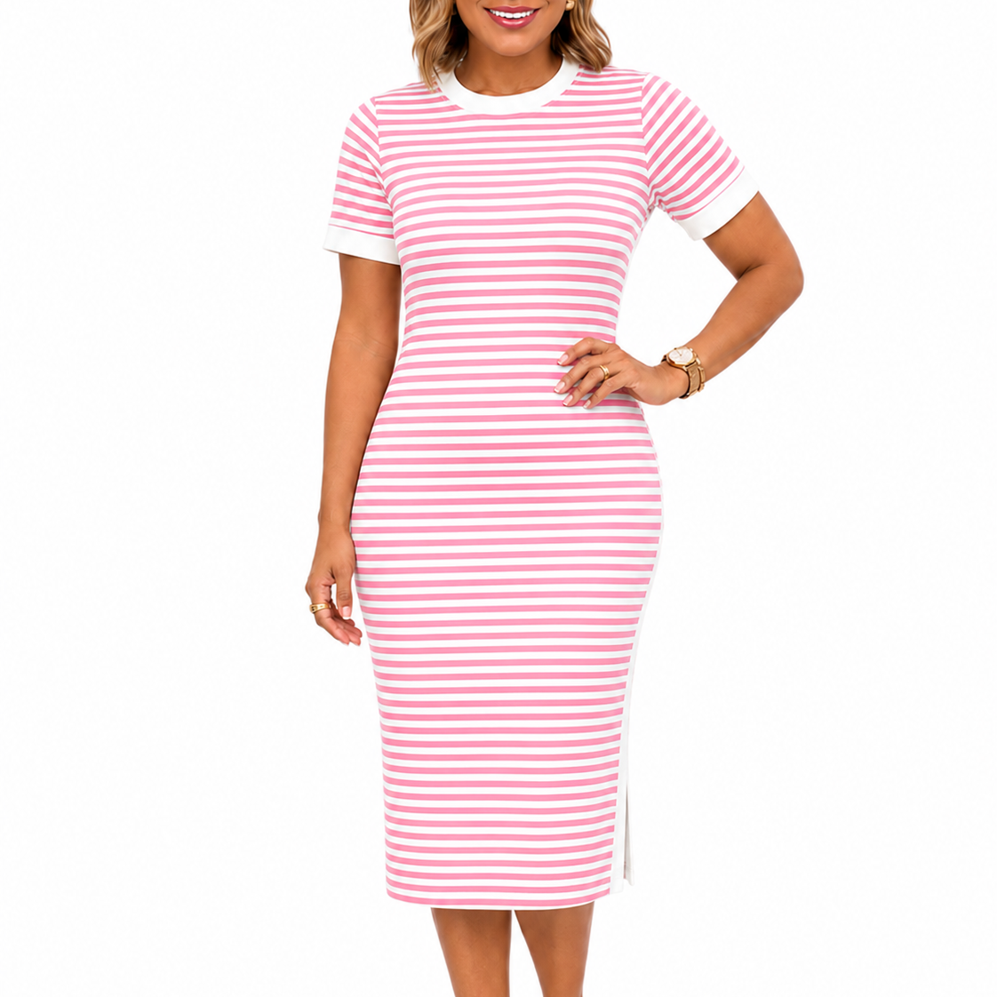 Robe t-shirt midi femme rayée noire et blanche