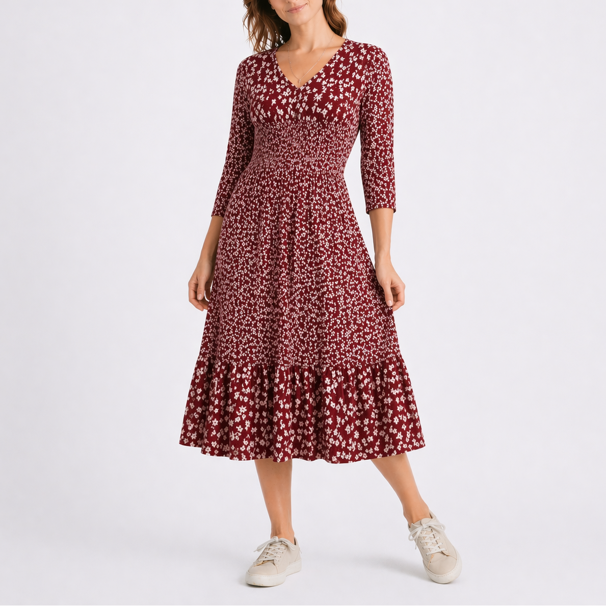 Robe midi femme fleurie col V