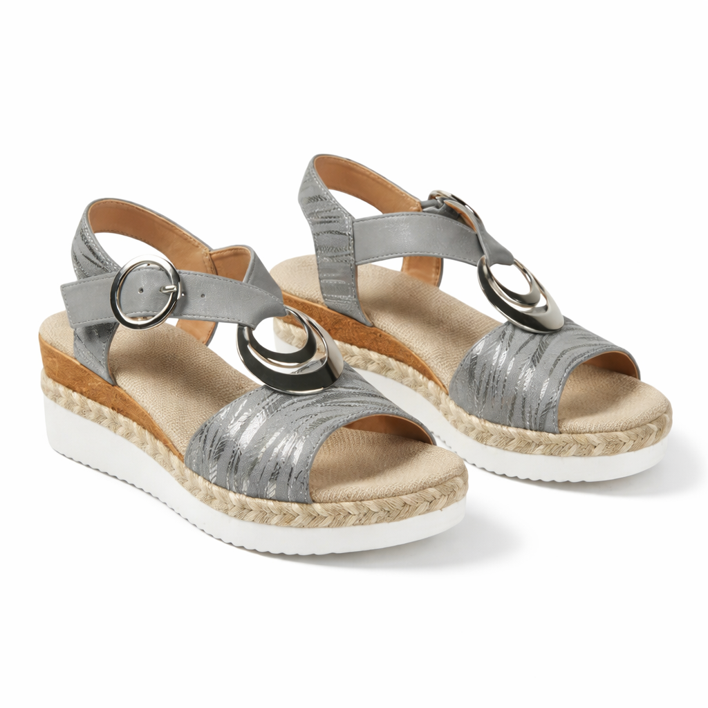 Sandales compensées métalliques femme avec bride cheville