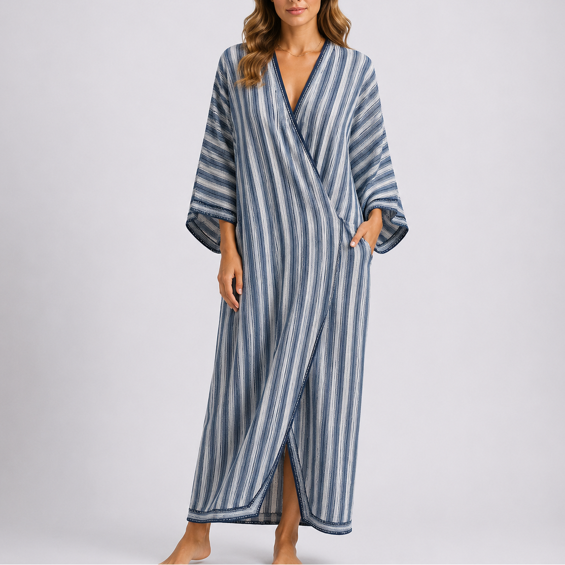 Robe caftan longue femme rayée, style méditerranéen
