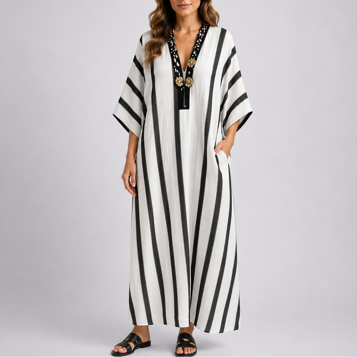 Robe caftan longue femme rayée, style méditerranéen
