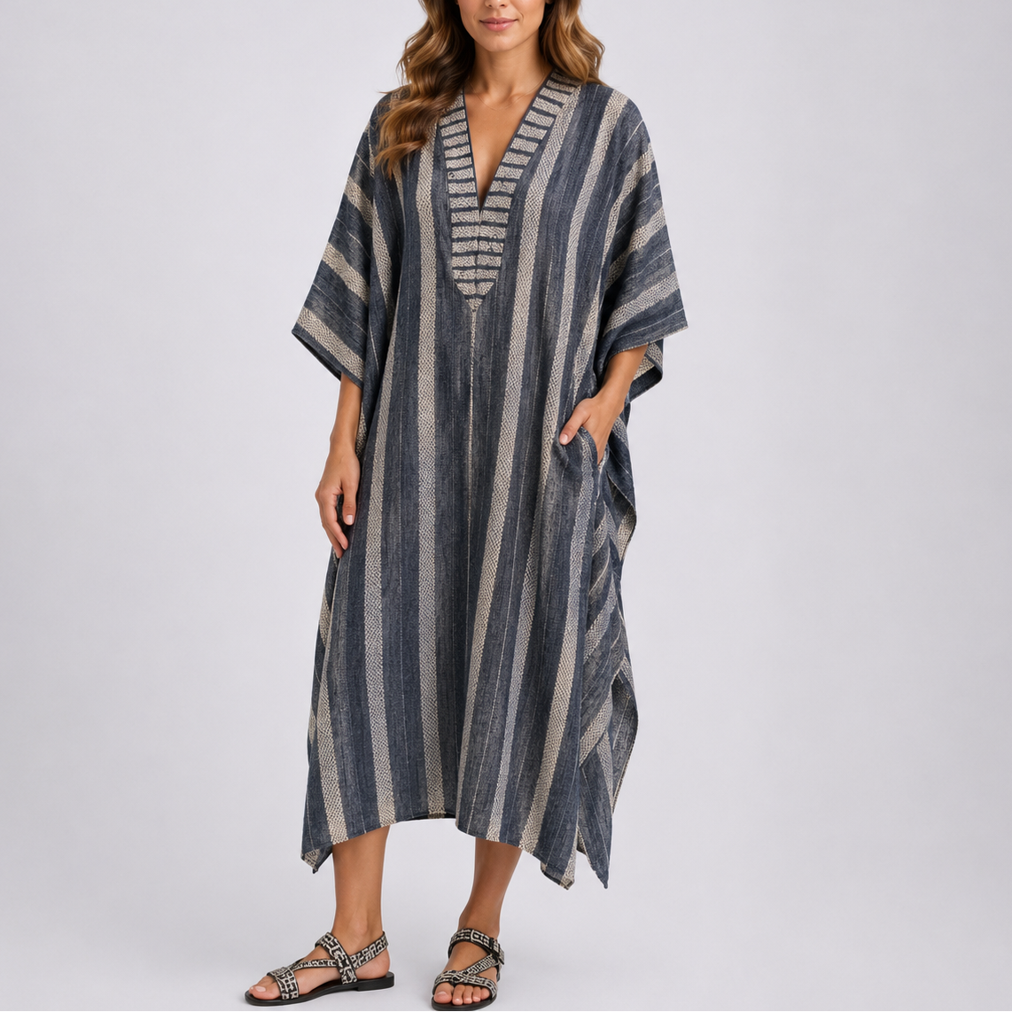 Robe caftan femme rayé élégant