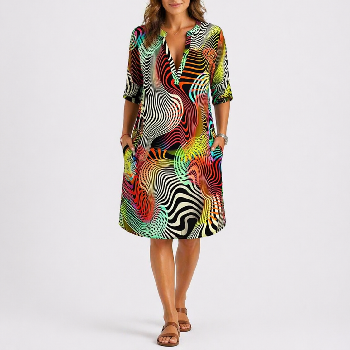 Robe midi femme à imprimé abstrait, tissu léger