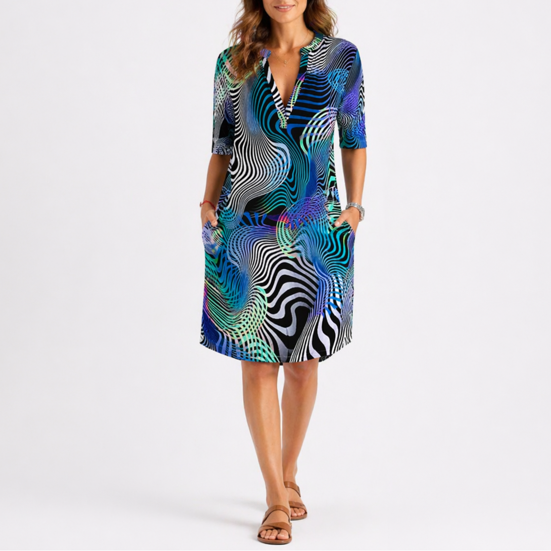 Robe midi femme à imprimé abstrait, tissu léger