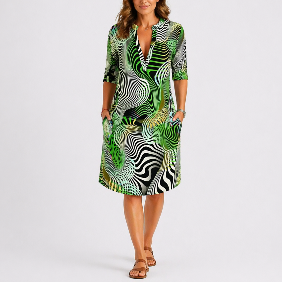 Robe midi femme à imprimé abstrait, tissu léger