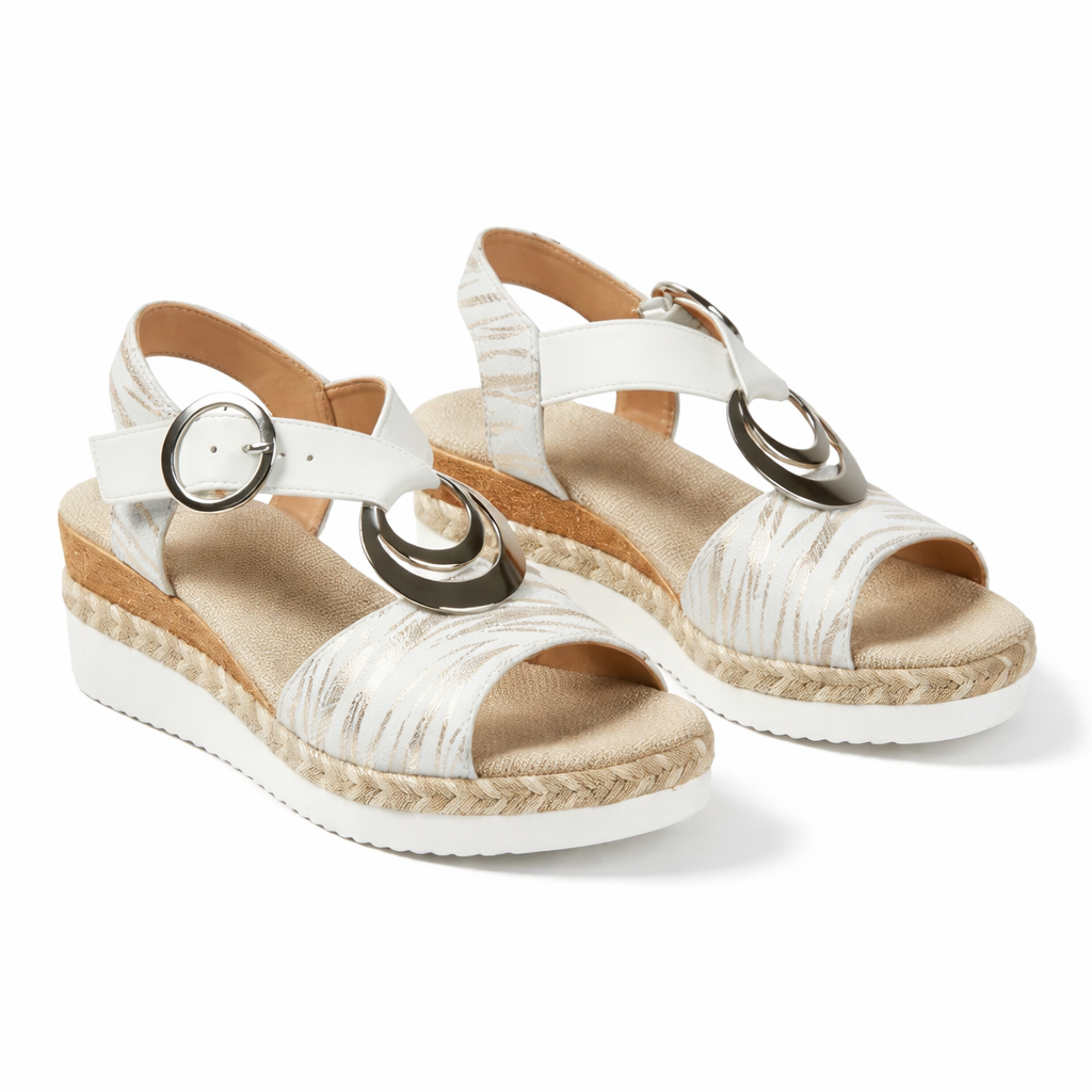 Sandales compensées métalliques femme avec bride cheville