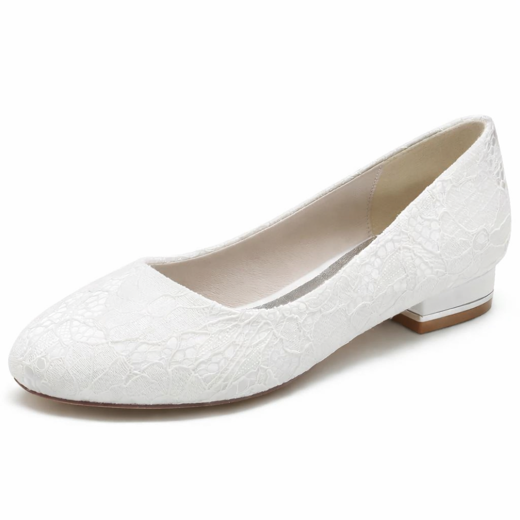 Ballerines de mariée blanches femme en dentelle, bout rond, petit talon