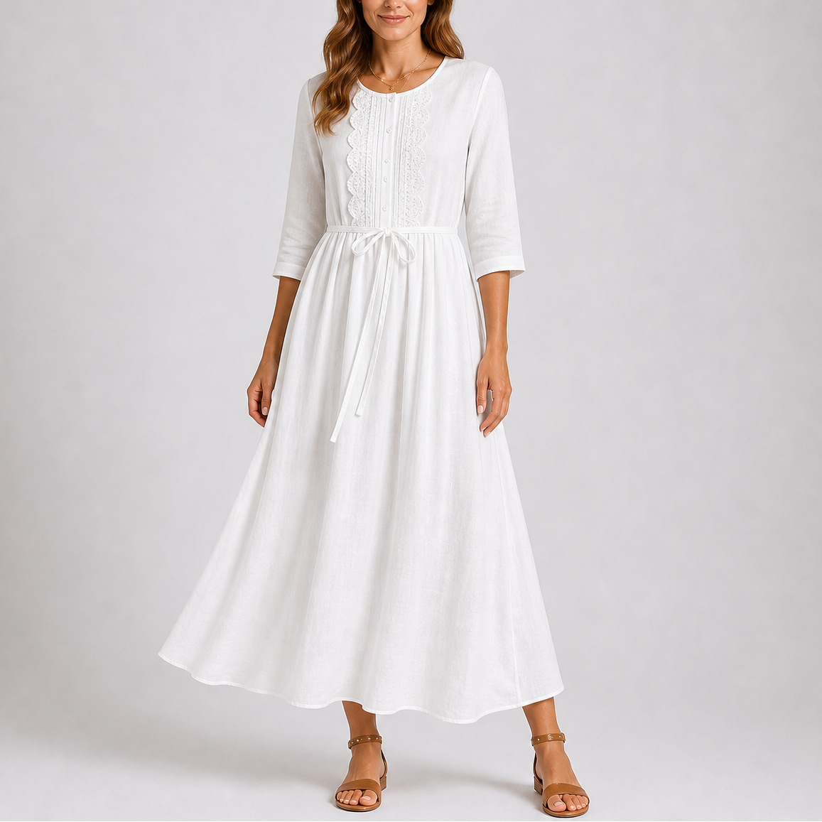 Robe midi d’été femme avec lien à la taille et boutons