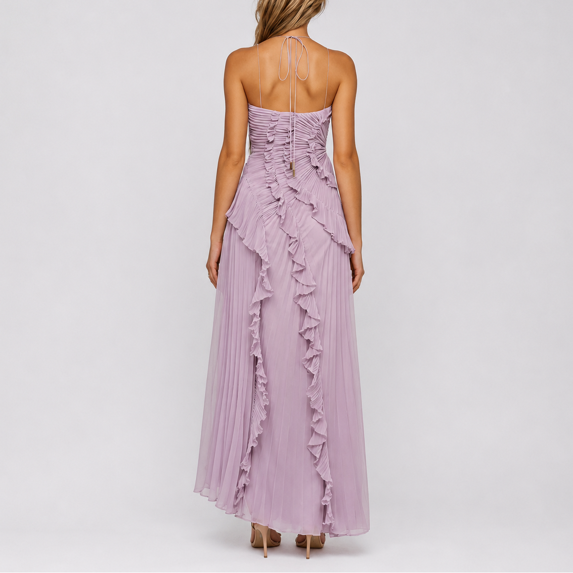 Robe longue plissée femme à volants, col licou