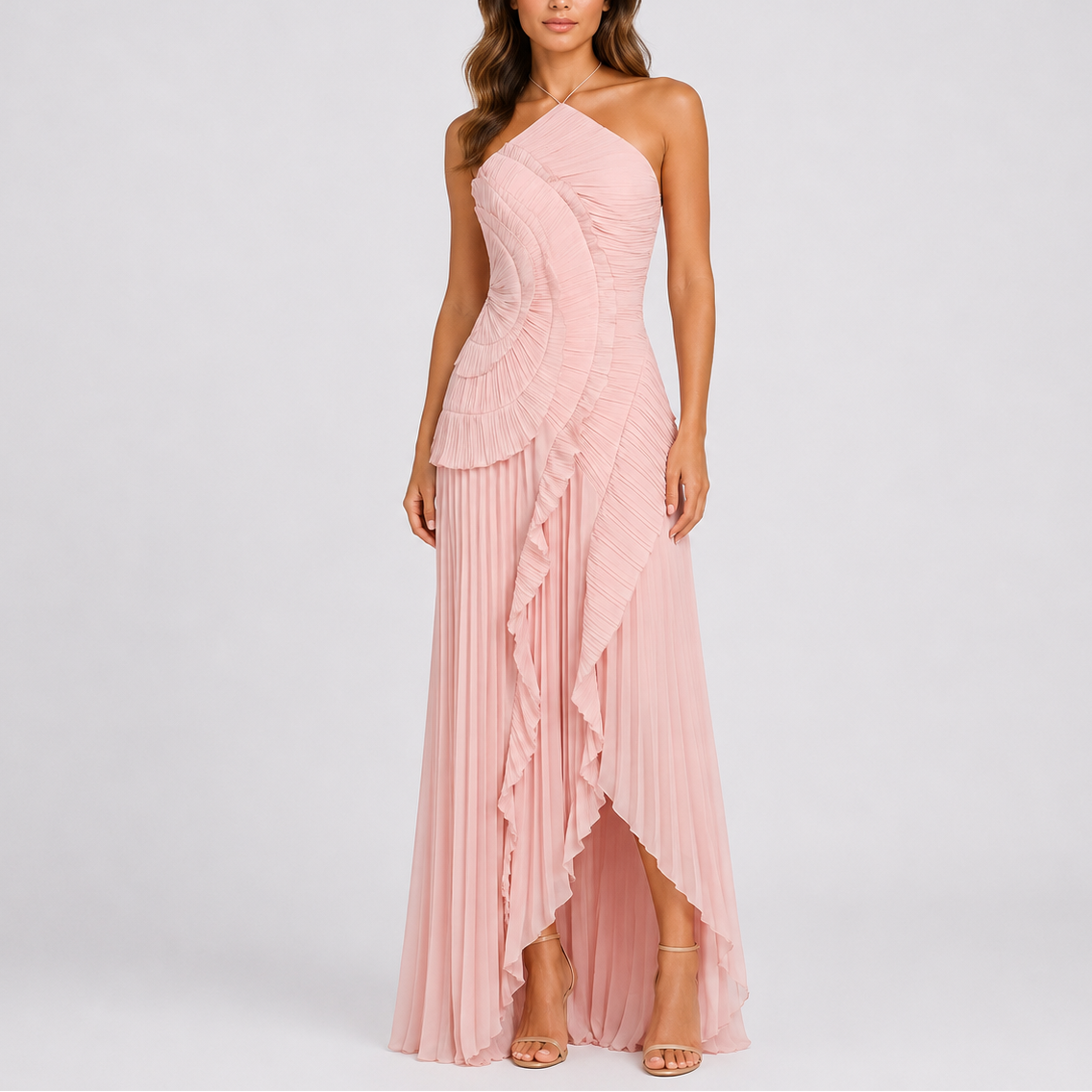 Robe longue plissée femme à volants, col licou