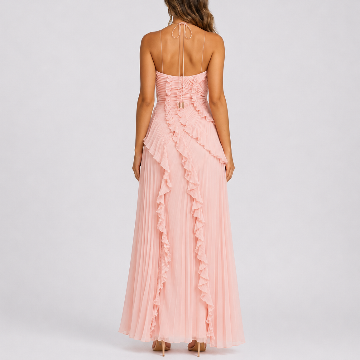 Robe longue plissée femme à volants, col licou