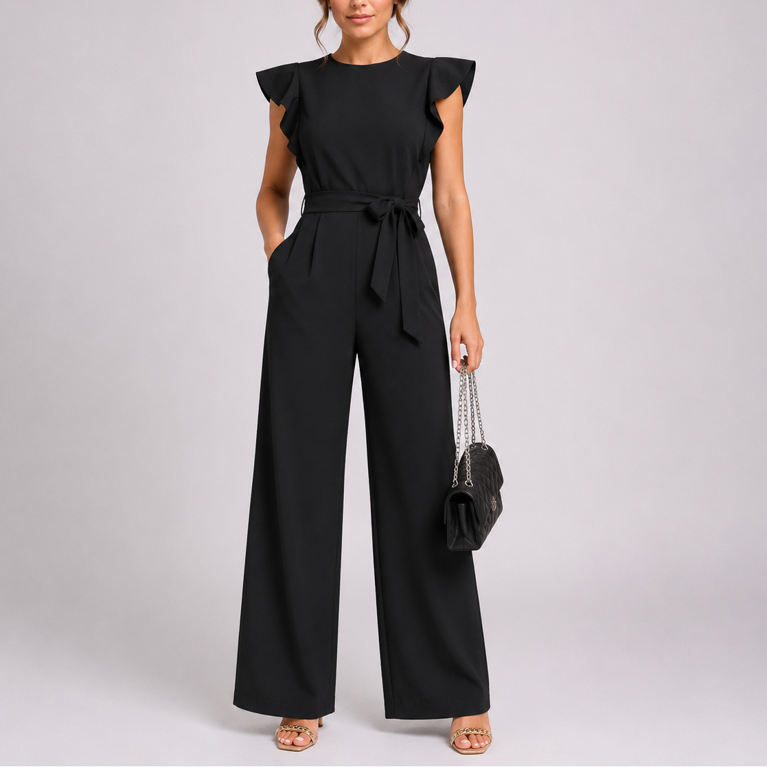 Combinaison pantalon femme à jambes larges, manches à volants