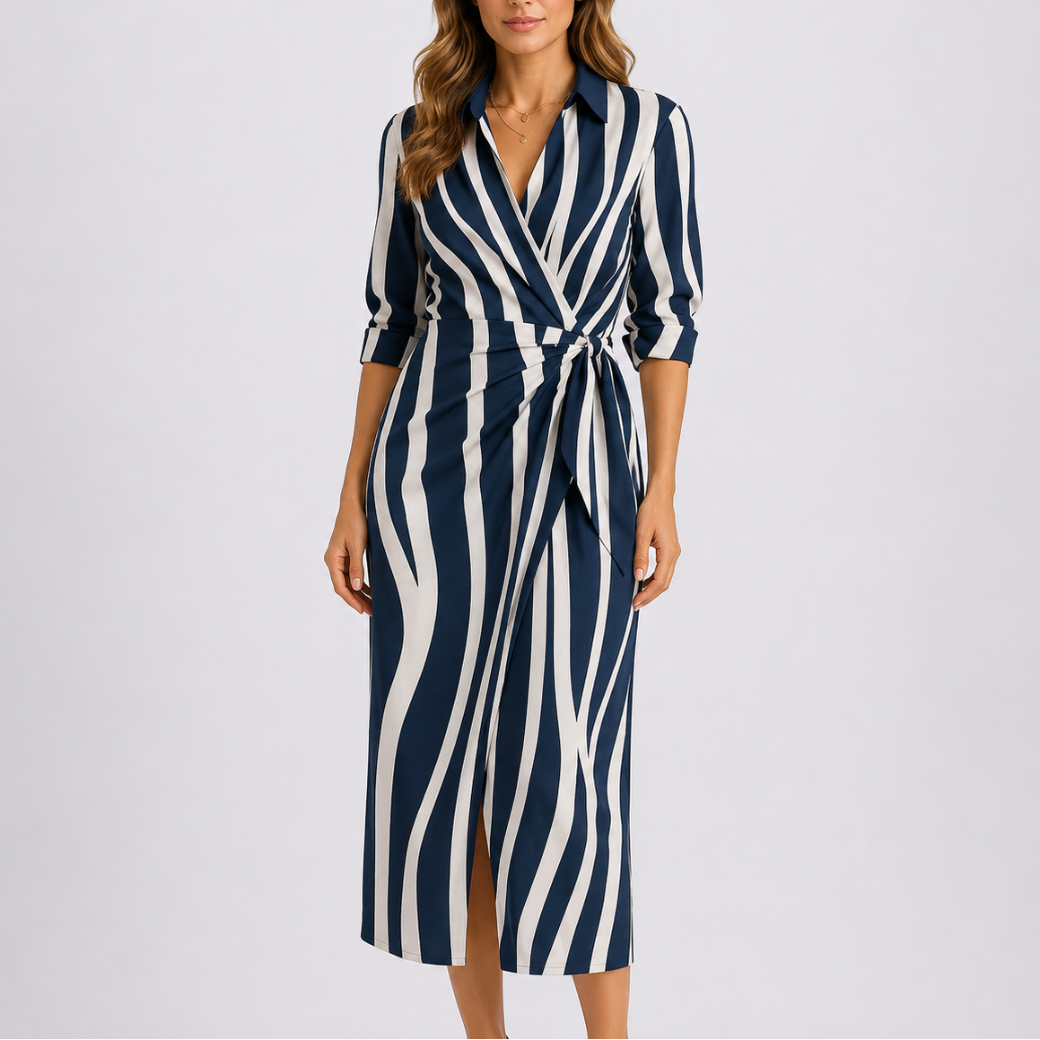 Robe midi portefeuille femme, col V, lien à la taille