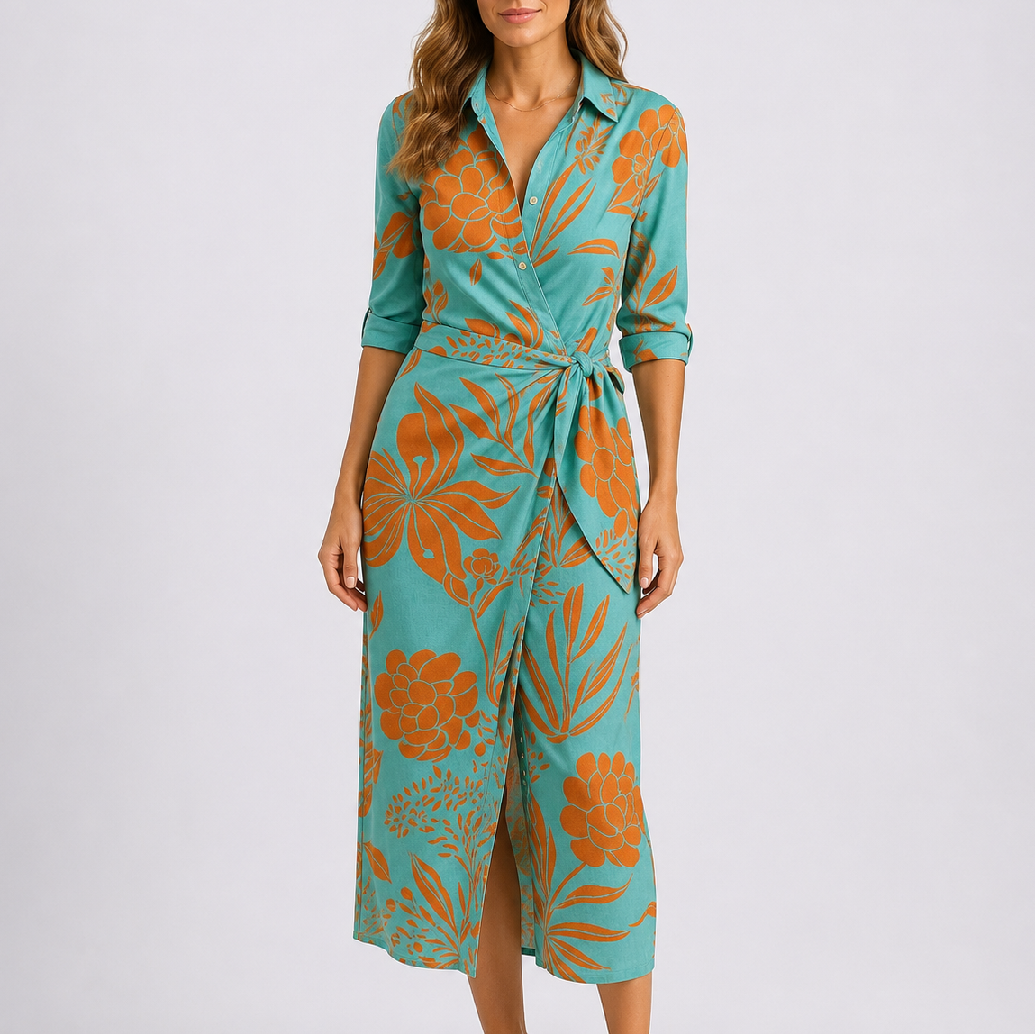 Robe midi portefeuille femme, col V, lien à la taille