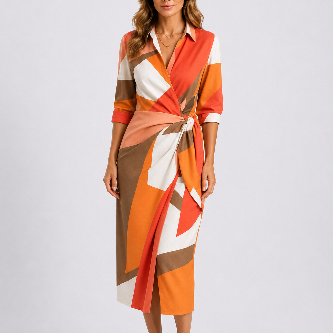 Robe midi portefeuille femme, col V, lien à la taille